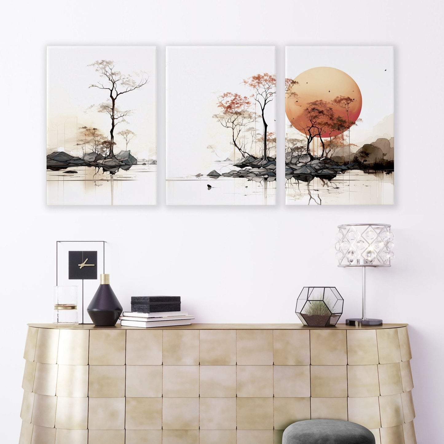 Living Room Wall Decor | Set of 3 Asian Inspired Wall art Prints